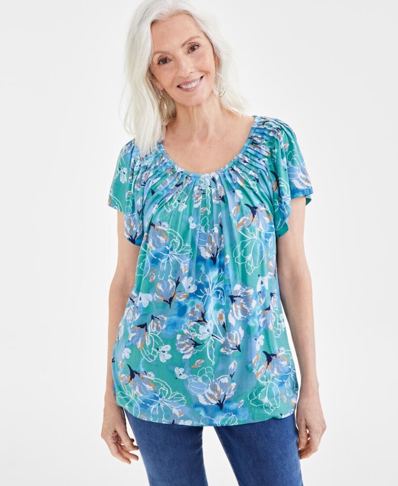 Style & Co Petite Floral Pleat-Neck Knit Top, Created for Macy's - Arles Desert Teal Cover