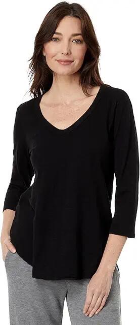 Mod-o-doc Slub Jersey 3/4 Sleeve V-Neck Tee with Curve Hem (Black) Women's Clothing Cover