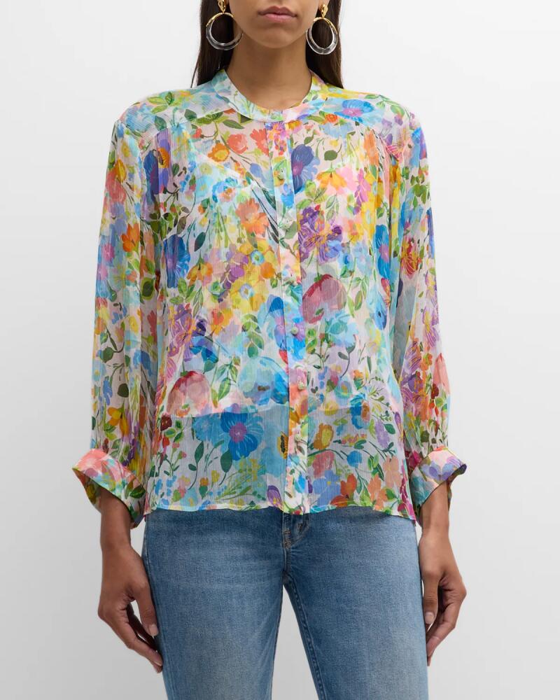 Johnny Was Hunni Floral-Print Silk Chiffon Blouse Cover