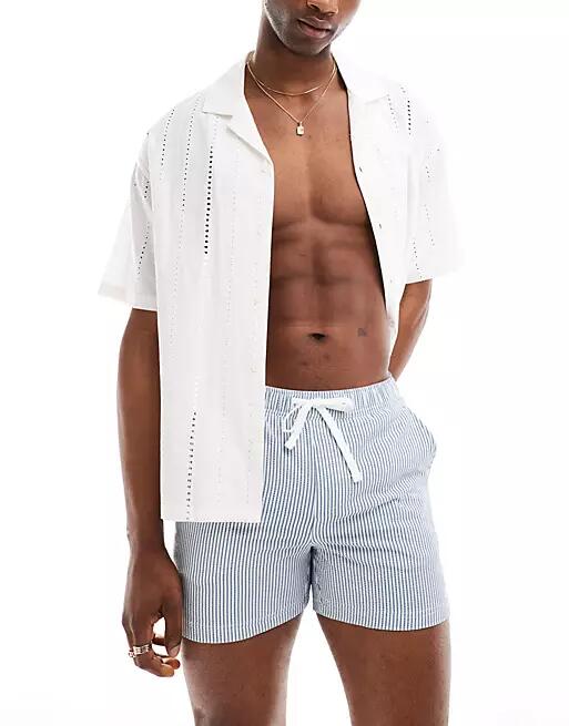 Pull & Bear seersucker striped swim shorts in blue Cover