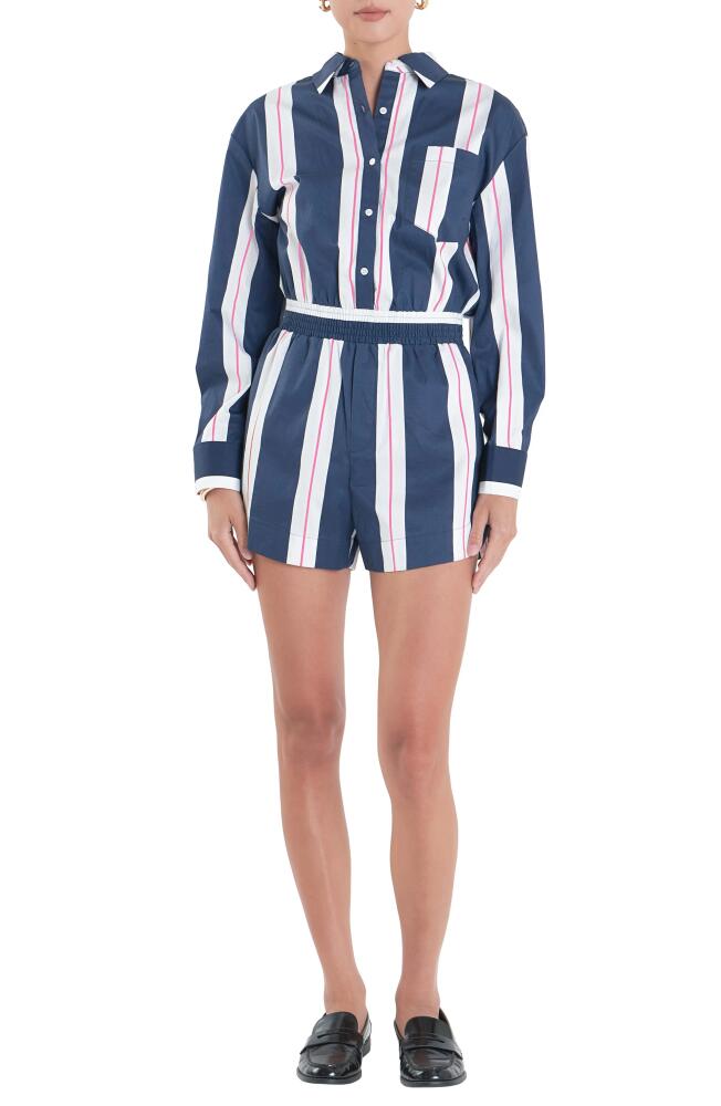 English Factory Stripe Long Sleeve Cotton Romper in Navy/White Cover