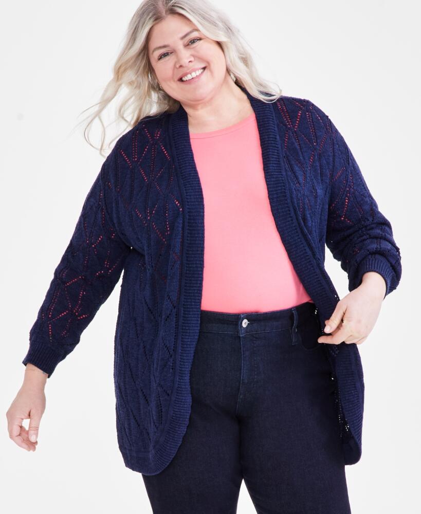 Style & Co Plus Size Open-Front Pointelle Cardigan, Created for Macy's - Industrial Blue Cover