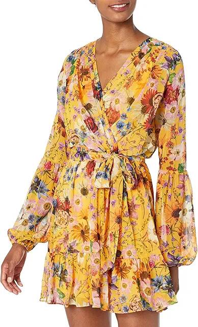 Betsy & Adam Short Long Sleeve Lurex Floral Dress (Yellow) Women's Clothing Cover