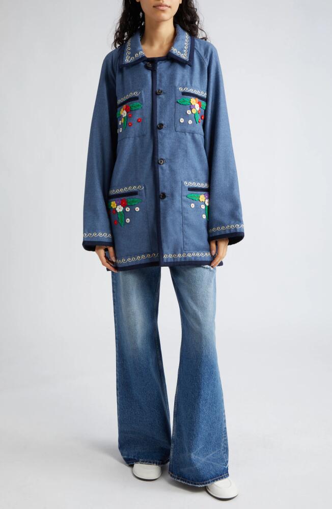 Bode Dianthus Embroidered Appliqué Wool Jacket in Cornflower Cover