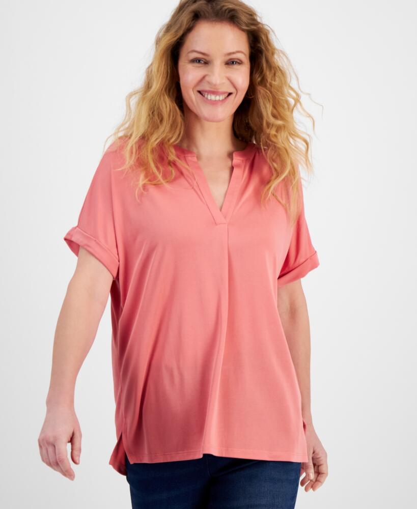 Style & Co Women's Split-Neck Short Sleeve Knit Shirt, Created for Macy's - Sea Coral Cover