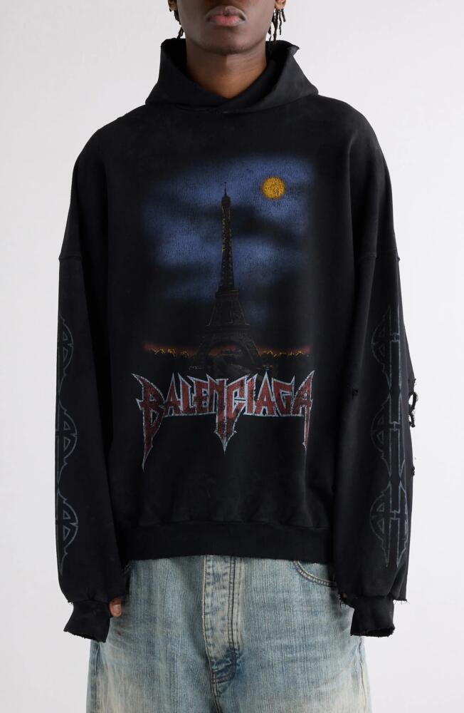 Balenciaga Paris Moon Oversize Distressed Cotton Fleece Graphic Hoodie in Black Cover