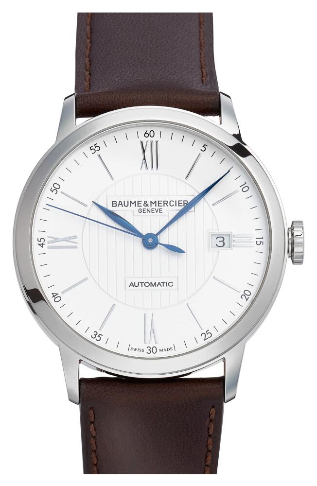 Baume & Mercier Classima Automatic Leather Strap Watch, 40mm in Silver-Coloured Opaline Cover