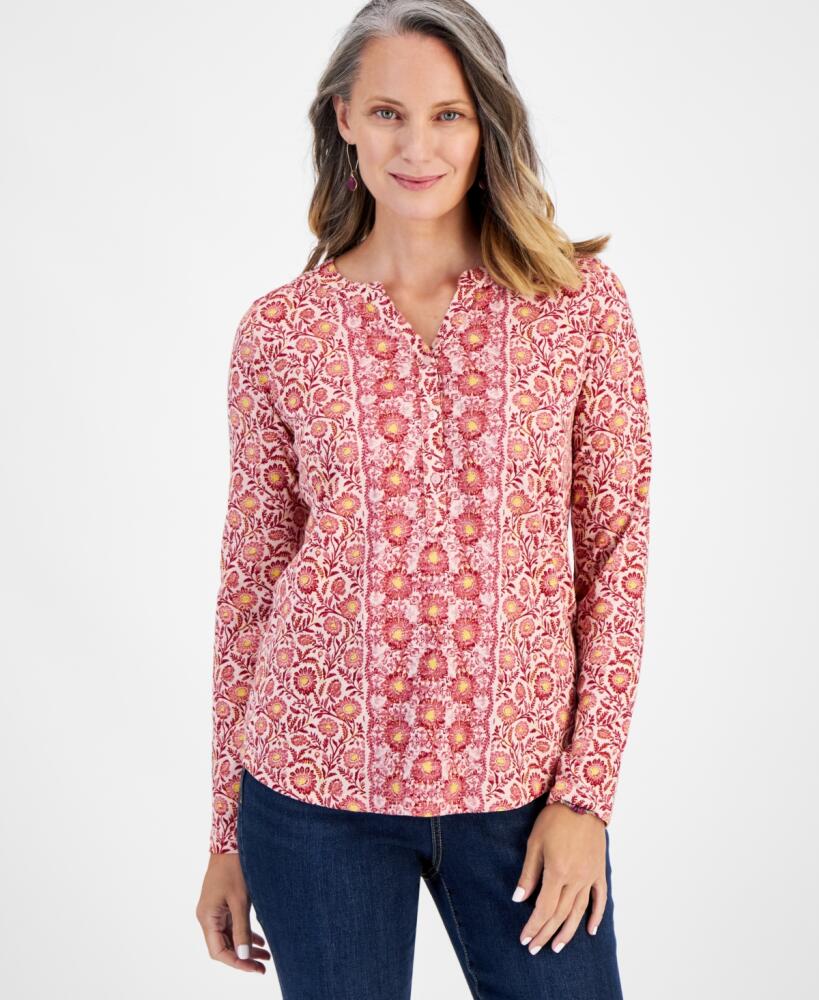 Style & Co Women's Cotton Printed Henley Top, Created for Macy's - Border Rose Cover