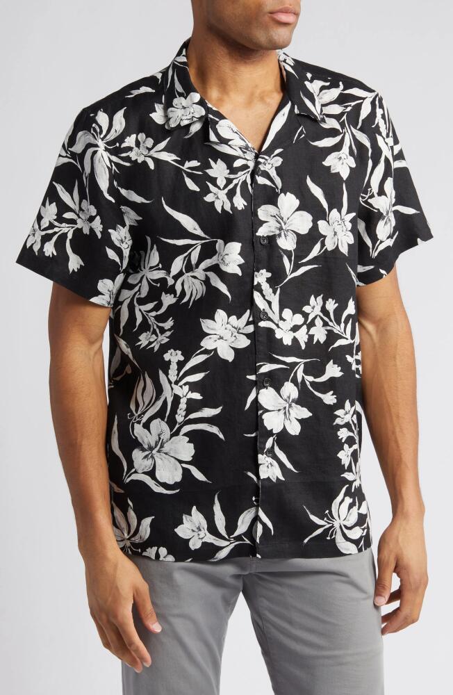 Nordstrom Brushed Floral Short Sleeve Button-Up Linen Camp Shirt in Black Brushed Floral Cover