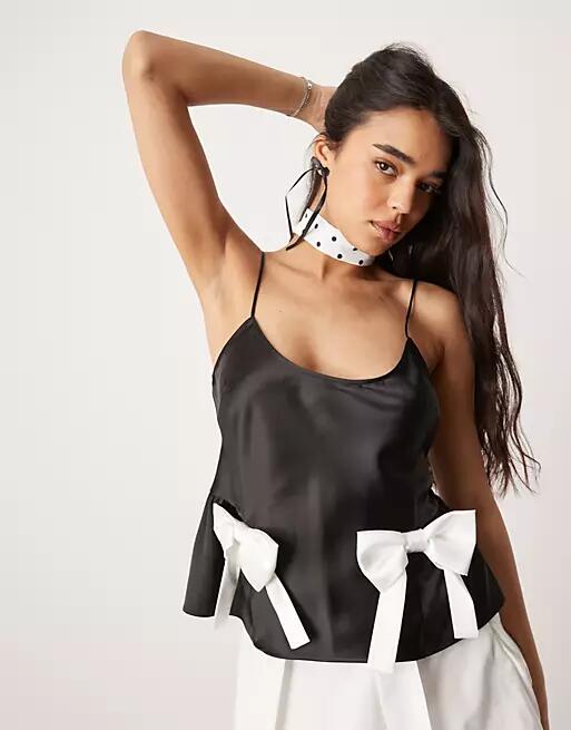 ASOS DESIGN satin bow cami top in black Cover