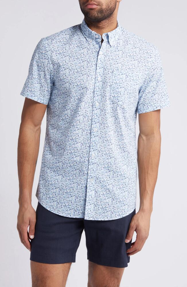 Nordstrom Trim Fit Floral Short Sleeve Stretch Cotton & Linen Button-Down Shirt in White- Blue Micro Ditsy Cover