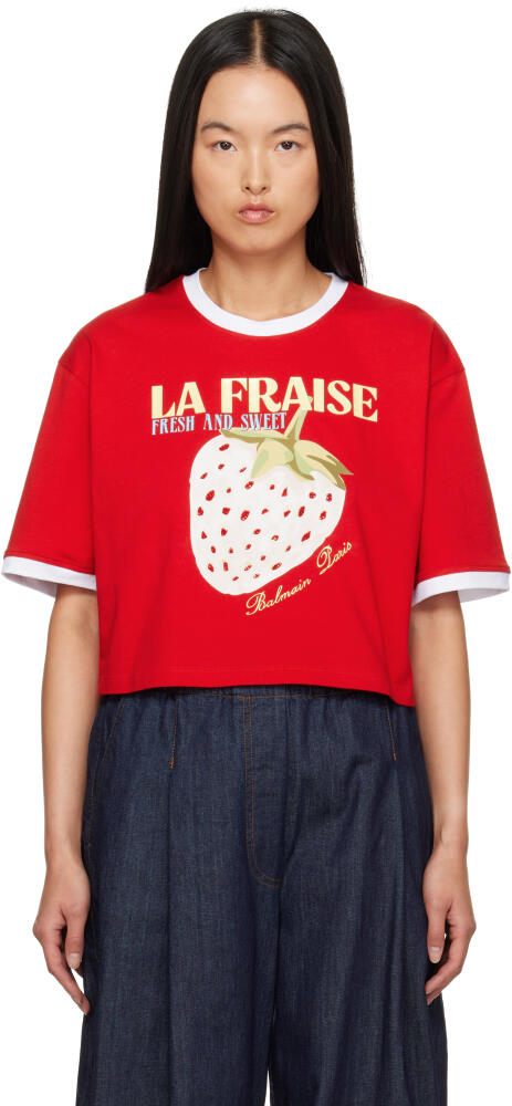 Balmain Red Cropped Strawberry Print T-shirt Cover