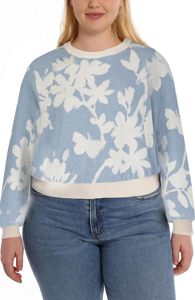 MINNIE ROSE Floral Cotton & Cashmere Crewneck Sweater in Fresco Blue/Starch Cover