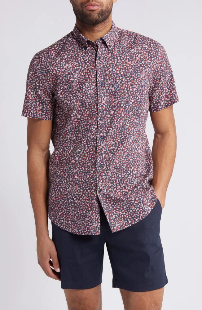 Nordstrom Trim Fit Floral Short Sleeve Stretch Cotton & Linen Button-Down Shirt in Navy- Red Floral Contrast Cover