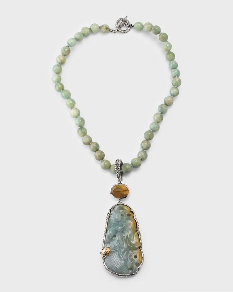 Stephen Dweck Vintage Hand Carved Jade Gold Hair Rutilated Quartz and Aquamarine Necklace Cover