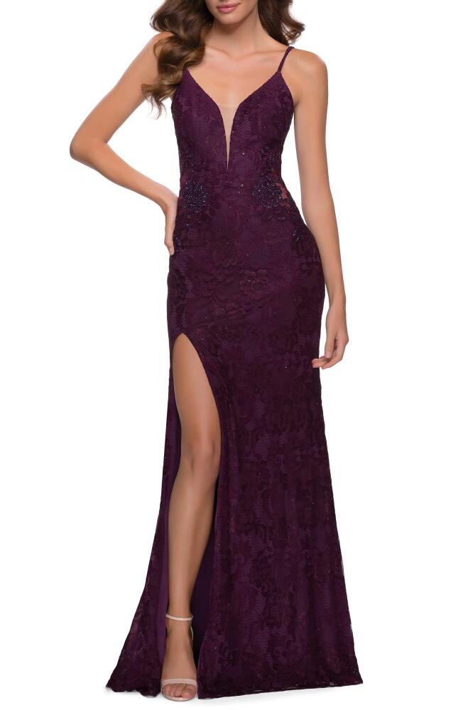 La Femme Stretch Lace Gown in Dark Berry Cover