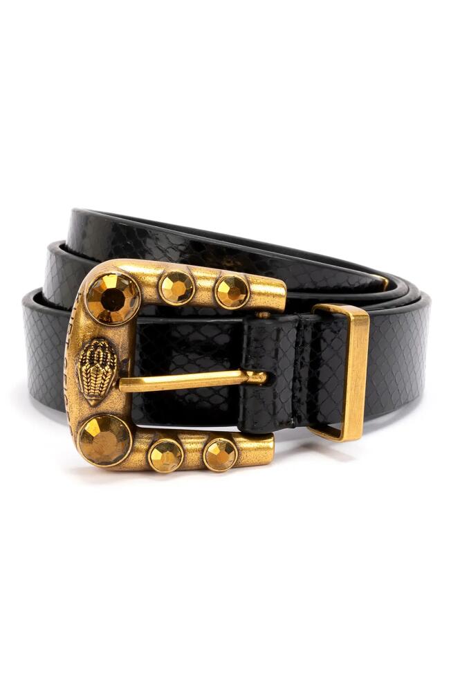 Kurt Geiger London Western Snakeskin Embossed Leather Belt in Black/Antique Brass Cover