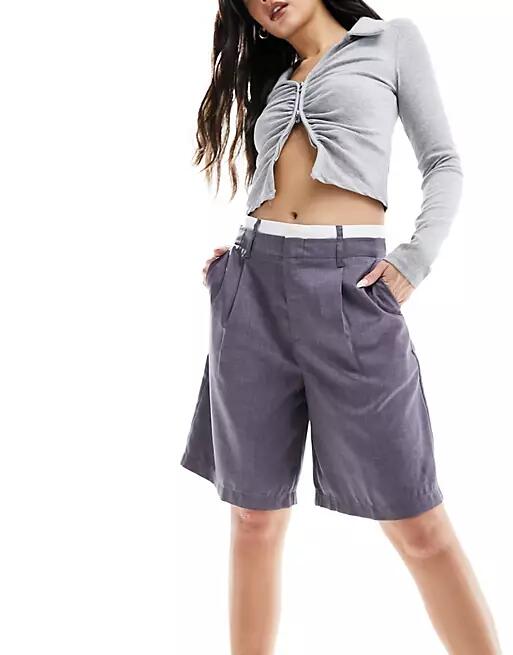 Bershka boxer waistband longline tailored shorts in gray - part of a set Cover