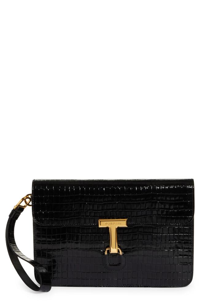 TOM FORD Small T-Clasp Croc Embossed Leather Portfolio in Black Cover