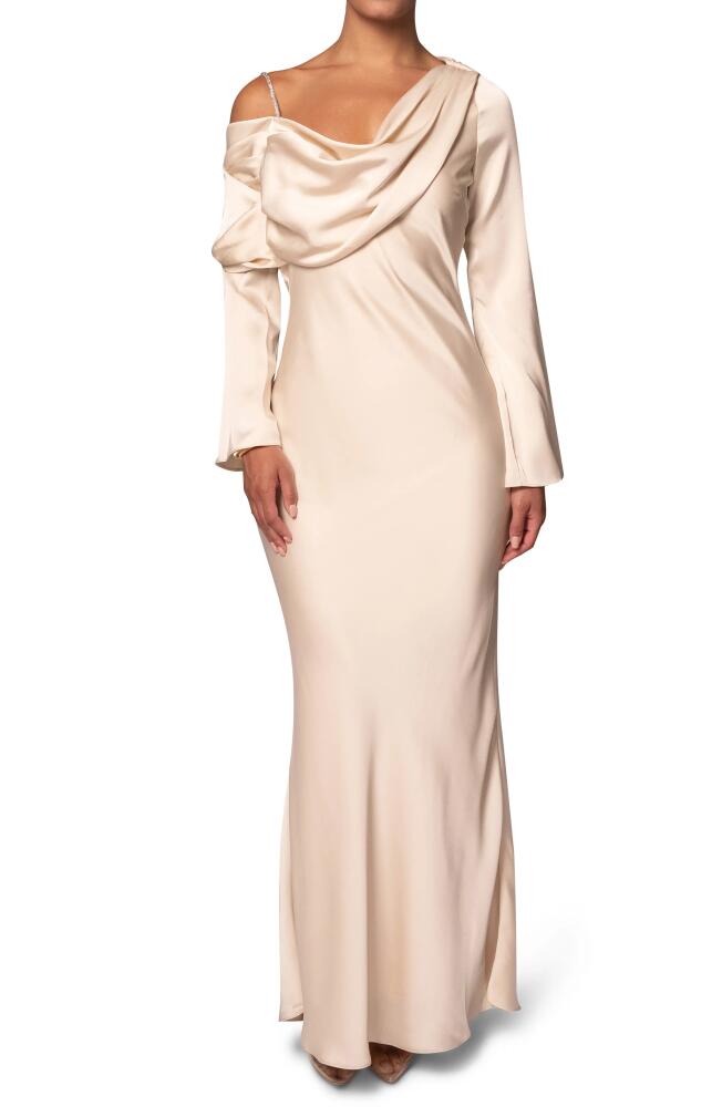 JLUXLABEL One & Only Long Sleeve Satin Cocktail Dress in Beige Cover