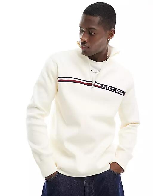 Tommy Hilfiger global stripe zip mock neck sweater in cream-White Cover