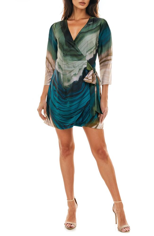 Socialite Stripe Long Sleeve Satin Wrap Dress in Olive/Teal Cover