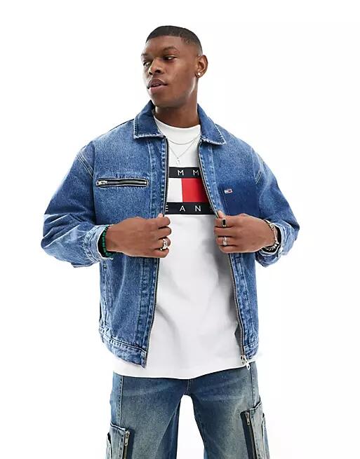 Tommy Jeans Aiden oversized zip denim jacket in mid wash blue Cover