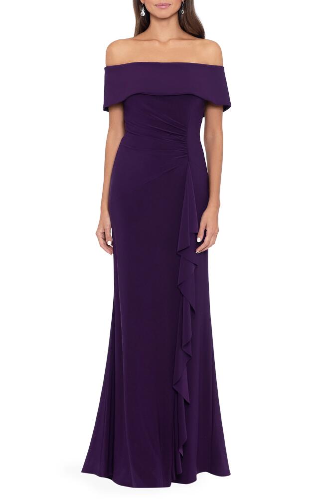 Xscape Evenings Off the Shoulder Ruffle Scuba Gown in Plum Cover