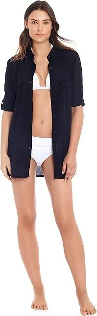 LAUREN Ralph Lauren Crushed Cotton Camp Shirt (Black) Women's Swimwear Cover