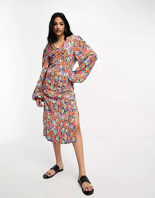 Vila ruched front midi dress in red floral print-Multi Cover