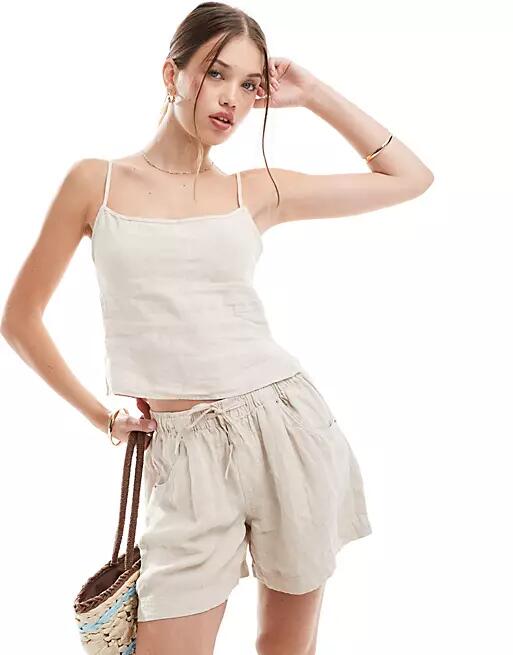 Pull & Bear linen backless tie detail top in sand - part of a set-Neutral Cover