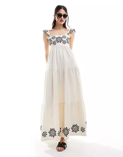 Miss Selfridge tiered maxi dress with embroidery detail in cream-White Cover