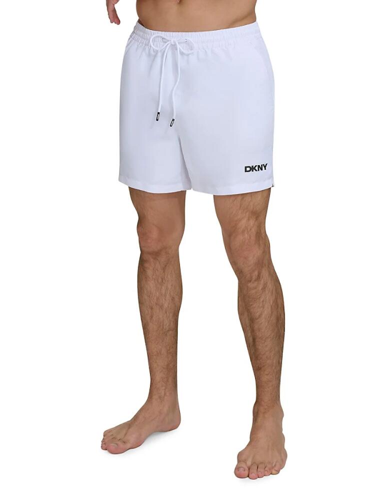 DKNY Men's Drawstring Standard Fit Swim Shorts - White Cover