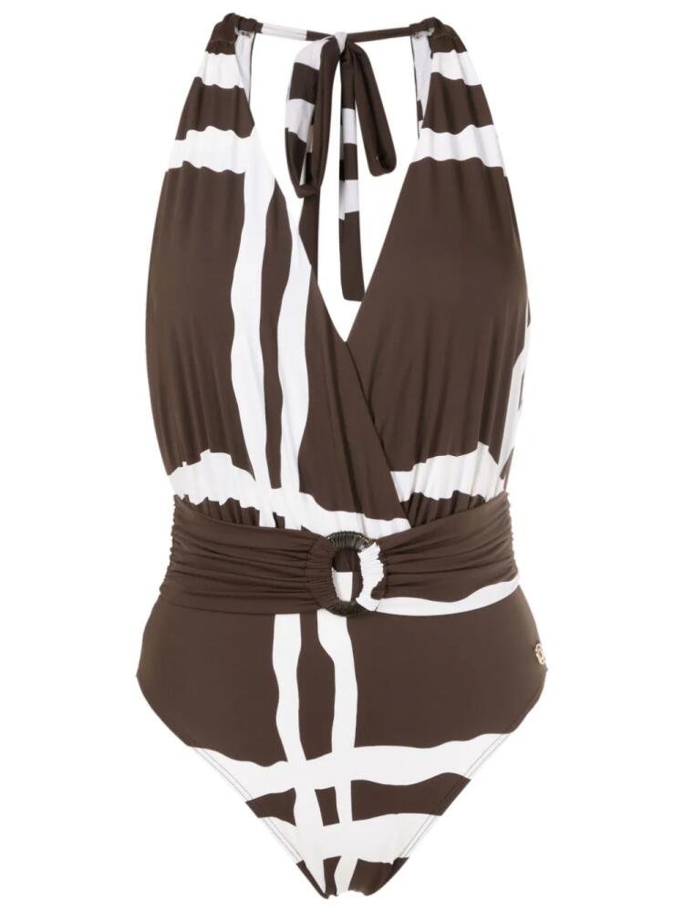 Brigitte check-pattern halterneck-tie swimsuit - Brown Cover