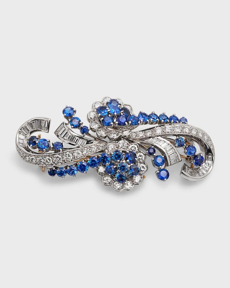 NM Estate Estate Platinum Diamond and Blue Sapphire Cluster Retro Swirl Pin Cover