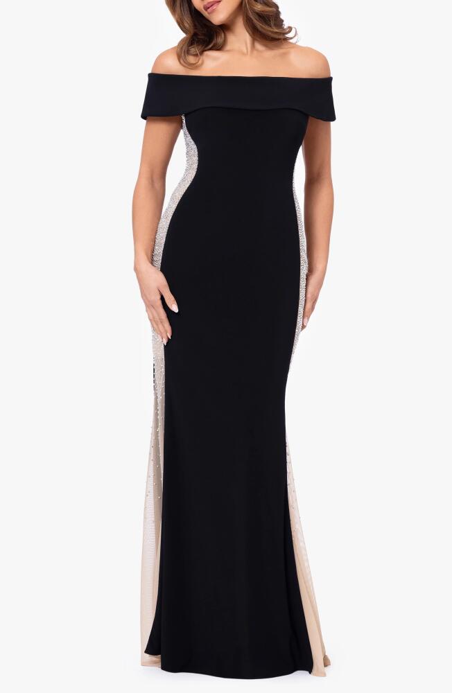 Xscape Evenings Caviar Diamante Off the Shoulder Gown in Black/Nude/Silver Cover