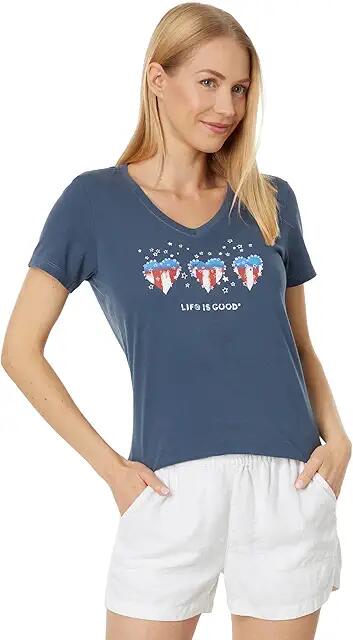 Life is Good Americana Hearts Stars and Stripe Short Sleeve Crusher Vee (Darkest Blue) Women's Clothing Cover