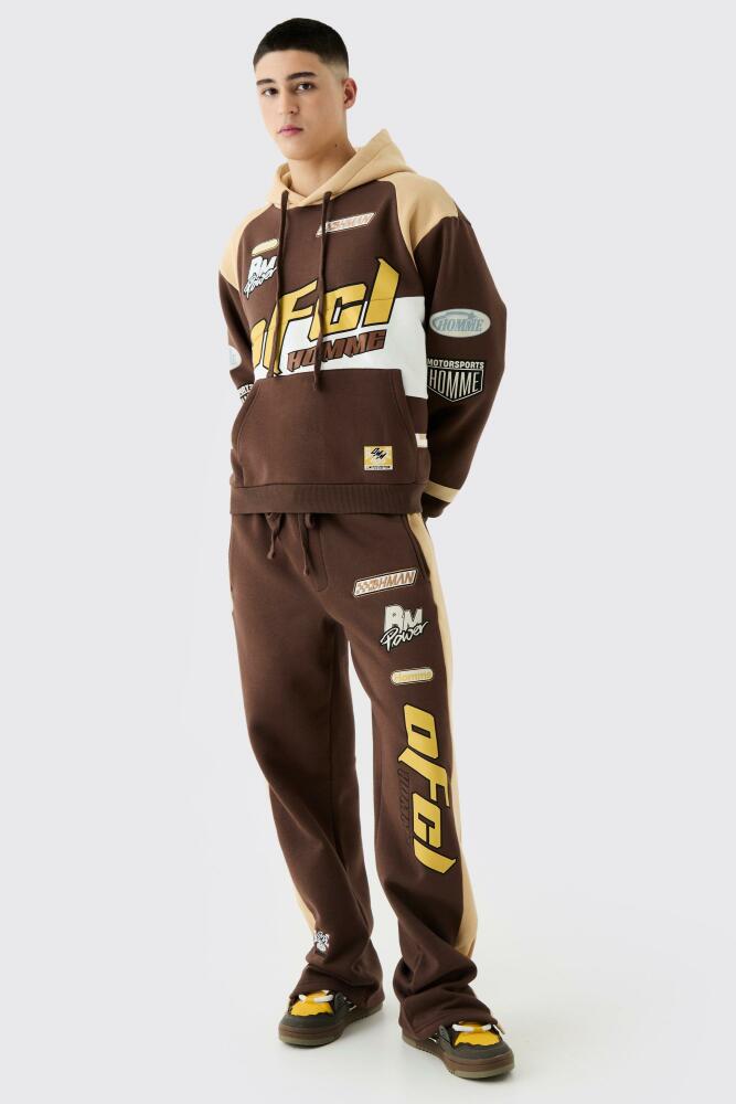 boohoo Mens Oversized Boxy Applique Moto Hooded Tracksuit - Brown Cover