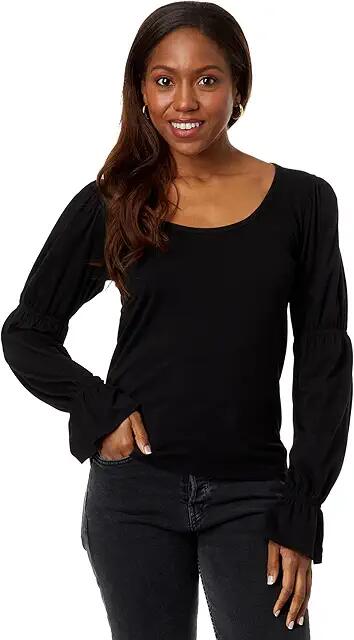 bobi Los Angeles Smocked Long Sleeve Scoop Tee (Black) Women's Clothing Cover