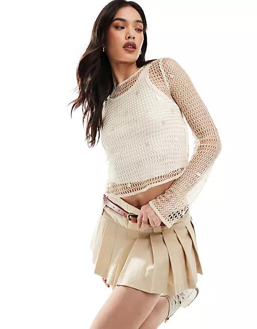 Pull & Bear embellished crochet strappy back top in off white Cover