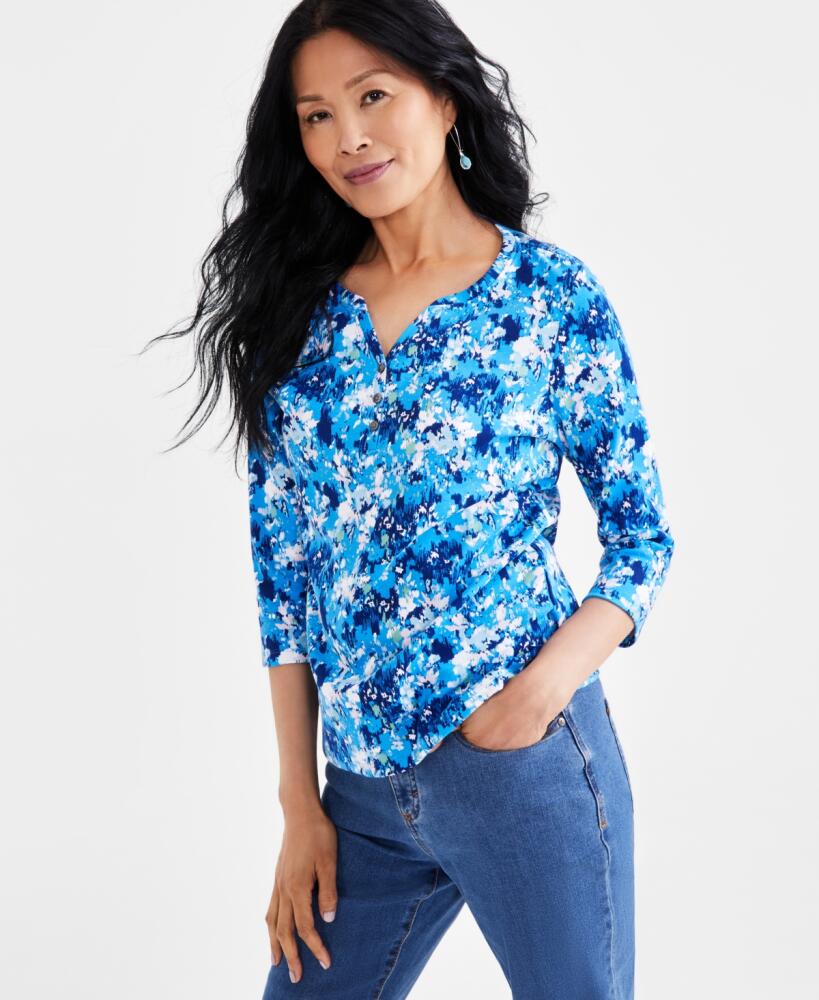 Style & Co Women's Printed 3/4-Sleeve Henley Tee, Created for Macy's - Tina Blue Cover