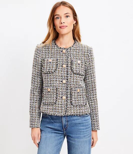 Loft Petite Metallic Fringe Tweed Collarless Jacket Cover