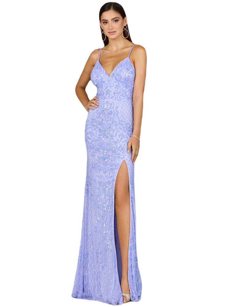 LARA New York Body Con V-Neck Beaded Gown in Blue Iris Cover