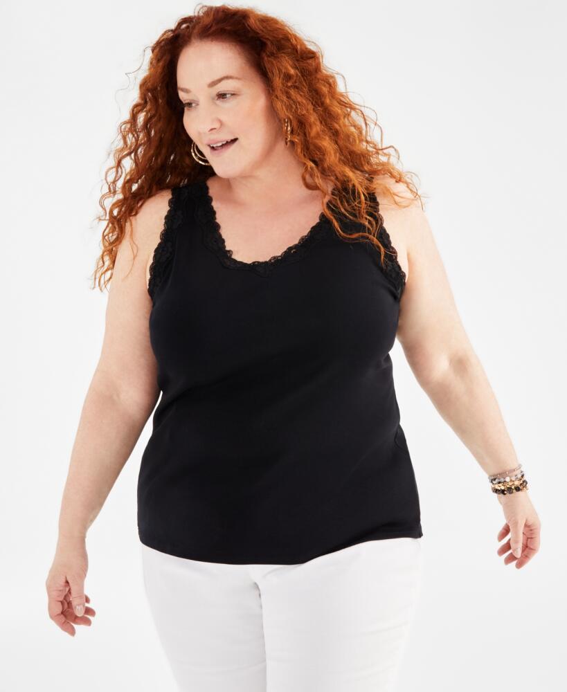 Style & Co Plus Size Lace-Trimmed Tank Top, Created for Macy's - Deep Black Cover