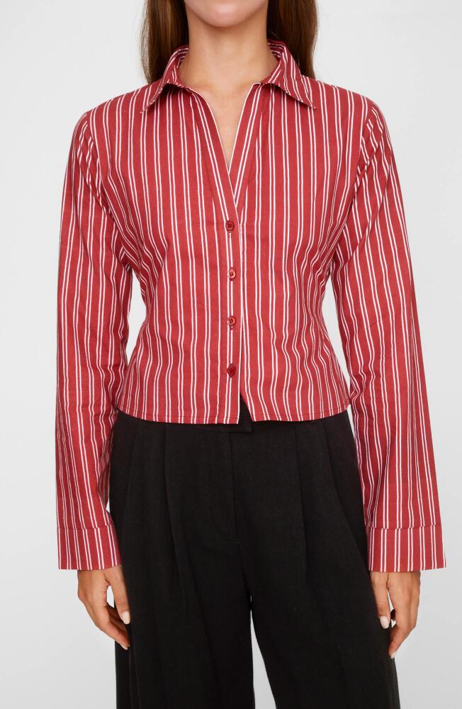 NASTY GAL Fitted Stripe Crop Cotton Button-Up Shirt in Tomato Red Cover