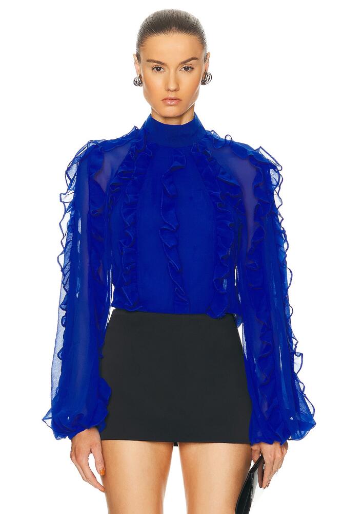 PatBO Ruffle High Neck Blouse in Blue Cover