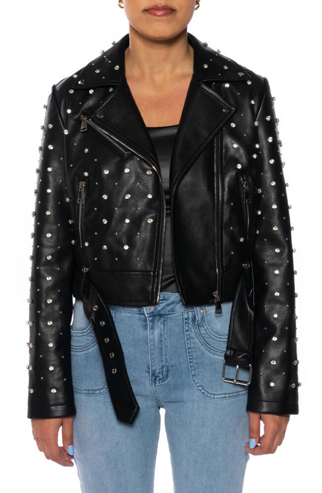 AZALEA WANG Rhinestone Faux Leather Moto Jacket in Black Cover