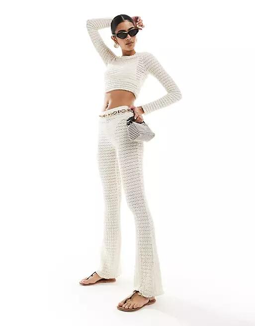 Bershka crochet wide leg pants in ecru - part of a set-Neutral Cover