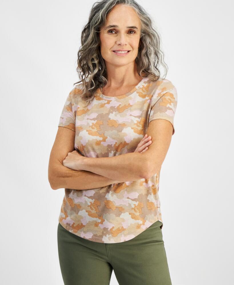 Style & Co Women's Printed Crewneck Short-Sleeve Tee, Created for Macy's - Camo Netural Cover