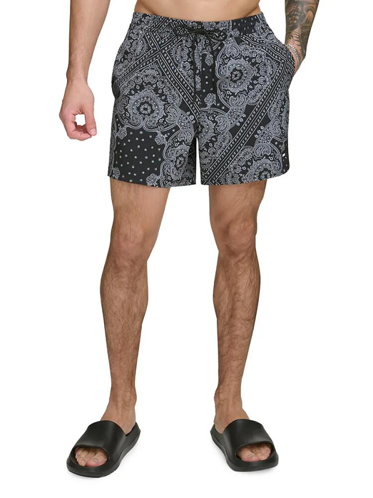 DKNY Men's Standard Fit Flat Front Swim Shorts - Bandana Cover